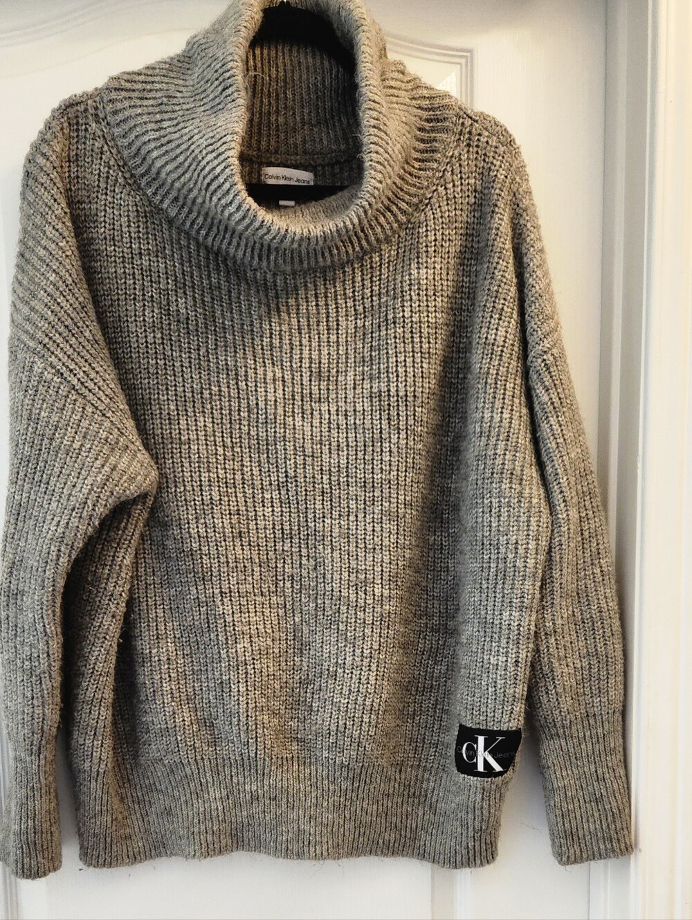 Calvin Klein Jeans Chunky Ribbed Oversized Sweater Grey cK Logo Patch XL-3XL